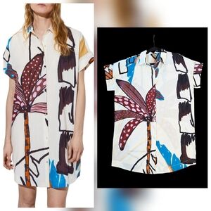 PARFOIS Shirt Dress Swim Beach Cover Abstract Tropical Flower Cotton Soft Sz M